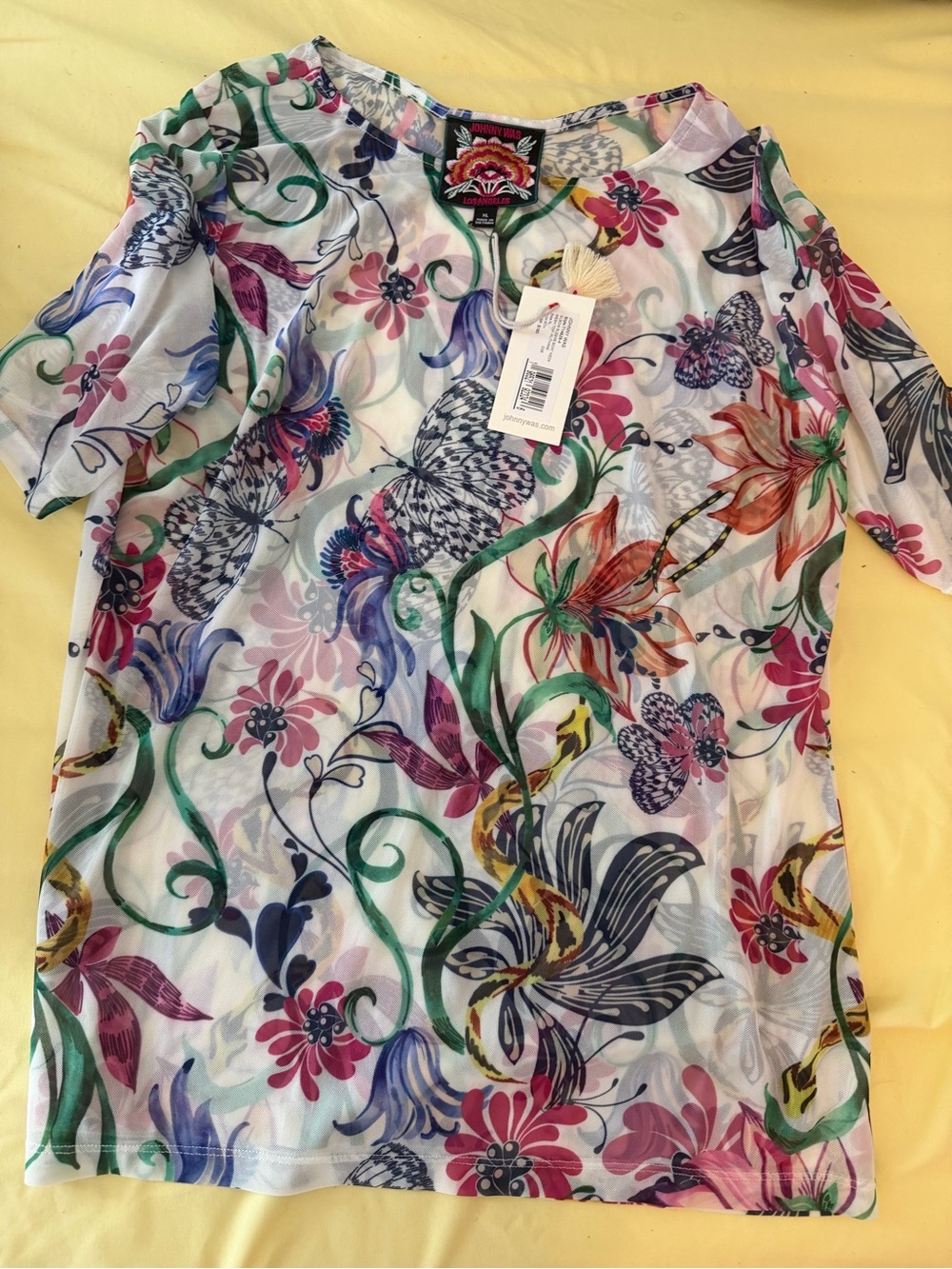 Johnny was elbow sleeve boat neck mesh multicolored Ruthann top Xl